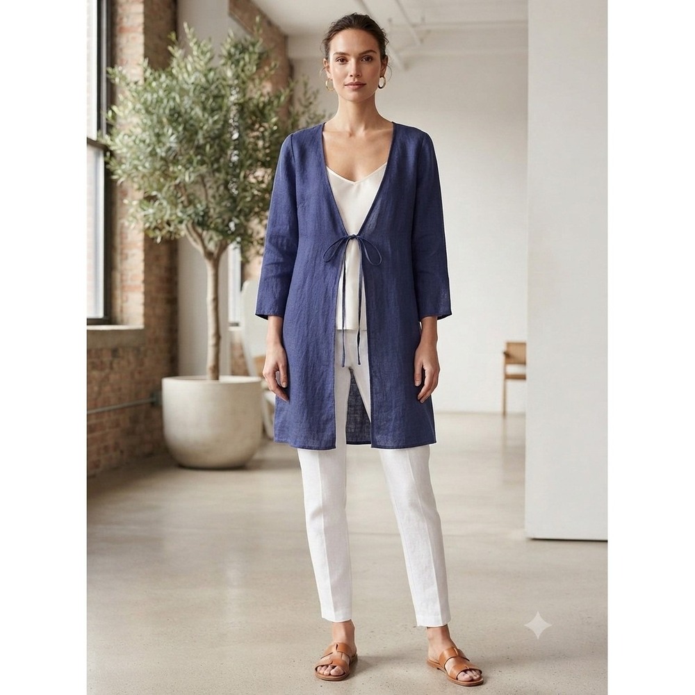 Eileen Fisher‎ Organic Linen Gauze Tie Front Jacket Long XS Bluette $218 Coastal
